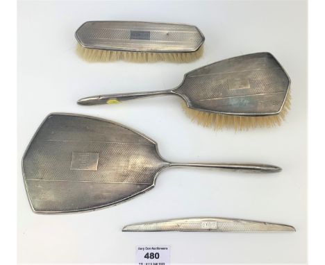4 piece silver backed dressing table set – hairbrush, clothes brush, hand mirror and comb top