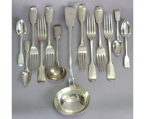 A Victorian silver Fiddle pattern soup ladle with oval bowl; a matching sauce ladle; seven ditto table forks; &amp; four teas