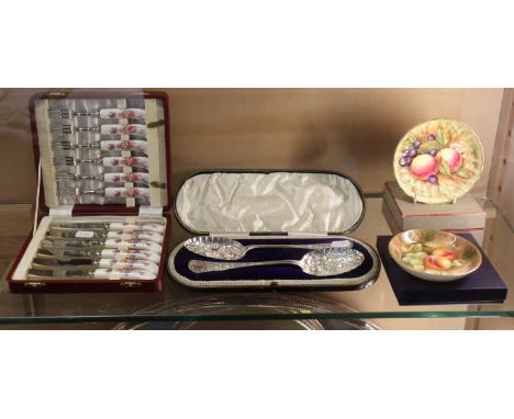 A pair of plated fish servers; pair berry spoons; cake knife; various servers &amp; small dishes; sauce boat &amp; stand; six