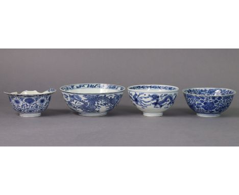 A group of four various 19th century Chinese blue &amp; white porcelain bowls, comprising an 8” diam. bowl with encircling dr