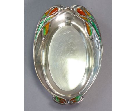 An Edwardian silver &amp; enamel Art Nouveau style shaped oval dish, the raised rim with interlaced loop design in-filled wit