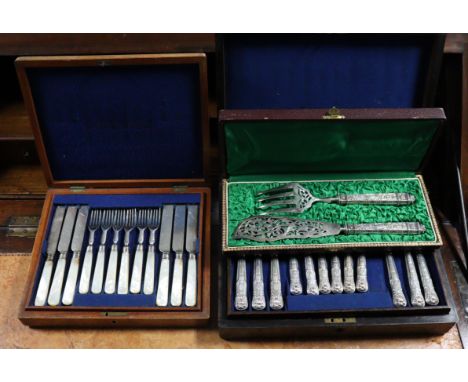 A pair of plated French fish servers with pierced &amp; engraved blades, &amp; loaded .950 standard neo-classical handles, in