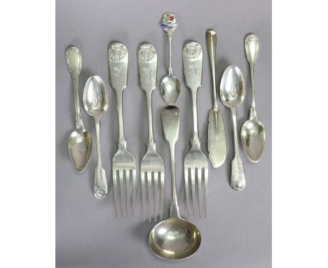 Three Victorian silver Fiddle &amp; Shell pattern table spoons, London 1848 by John James Whiting; a Fiddle pattern sauce lad