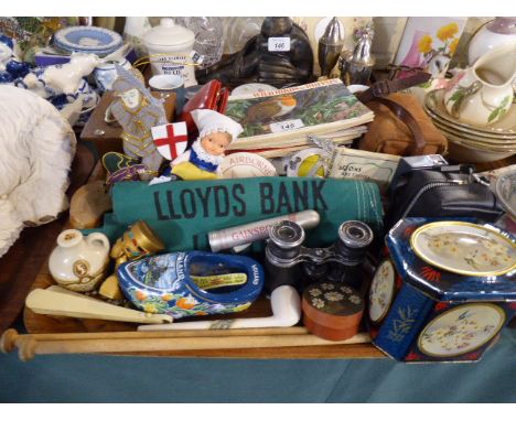 A Tray of Curios to Include a Vintage AA Badge, Box Camera, Tea Card Album and Contents Etc, Opera Glasses Etc 