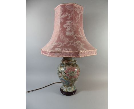 A Gilt and Enamelled Decorated Table Lamp with Shade, 72cm High Max
