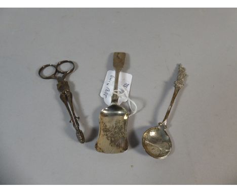 A Georgian Silver Tea Caddy Spoon with Shovel Bowl, London 1835 Together with Sugar Snips and Sterling Silver New York Souven