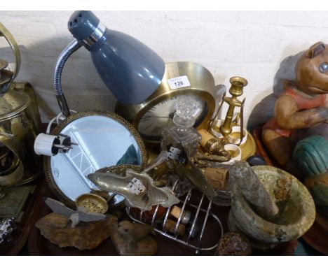 A Tray of Curios to Include Wall Clock, Reading Lamp, Gimballed Brass Candle Stick, Pestle and Mortar Etc 