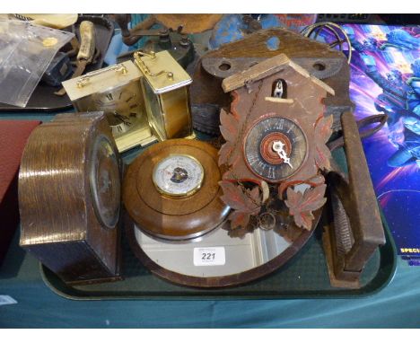 A Tray of Sundries to Include Cuckoo Clock For Restoration, Carriage Clocks, Pipe Rack, Barometer, Hand Mirror Etc 