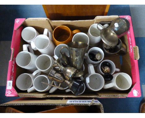 A Box Containing Ceramic Tankards, Silver Plated Tankard, Silver Plated Trophies Etc