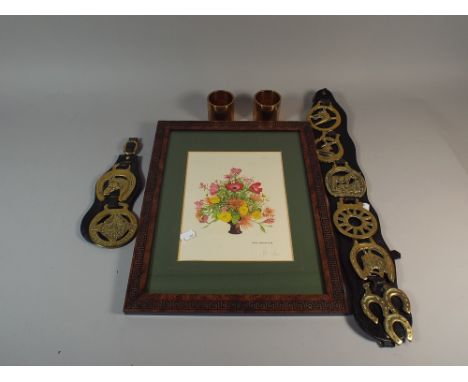 A Framed Floral Print, Brass Ware Etc 