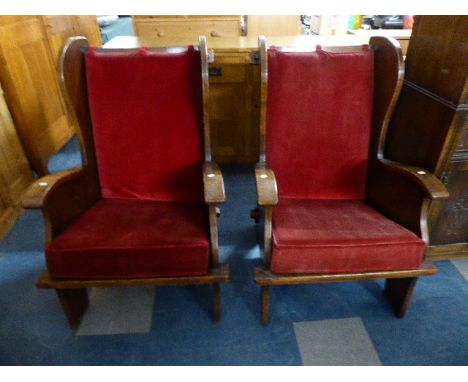 A Pair of Oak Armchairs with Upholstered Seats and Cushion Backs