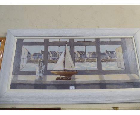 A Framed Textured Print Depicting Model Yacht and View Through Window, 100 cm Long