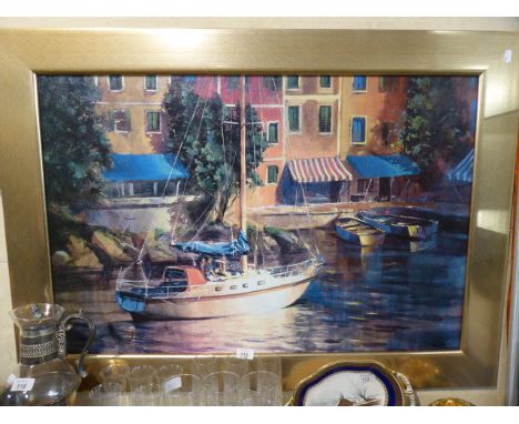 A Framed Textured Print, Yacht in Marina 90 x 60 cm 