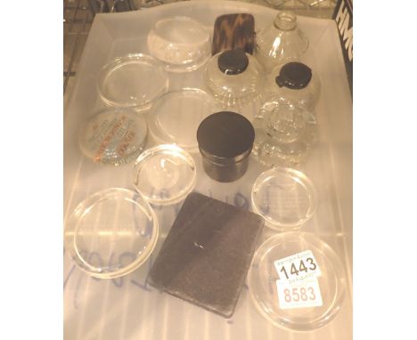 Collection of vintage inkwells, advertising glass paper weights and a faux tortoiseshell cigarette box