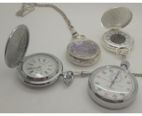 Three modern pocket watches and a Dolmy stopwatch