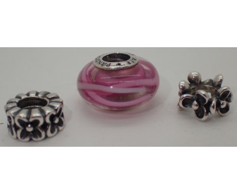 Sterling silver genuine Pandora items, one Murano glass and two sterling silver spacers, RRP £80