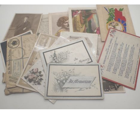 Box of vintage postcards, memorial cards and photographs 