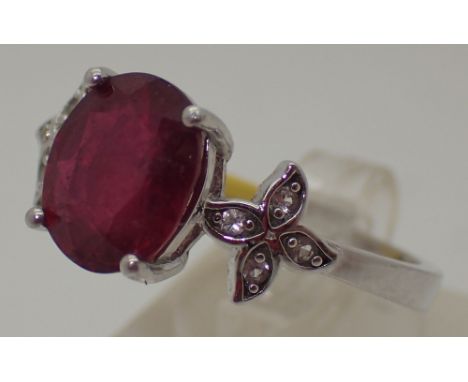Sterling silver 2ct diamond oval ruby solitaire ring, size T/U