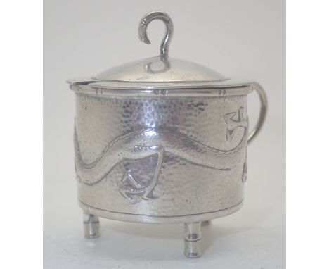 Tuck Chang & Co, a small late 19th / early 20thC Chinese export silver cylindrical mustard pot embossed with a dragon on fine