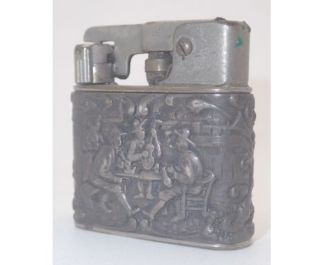 French silver pocket lighter with swing mechanism, showing a tavern scene