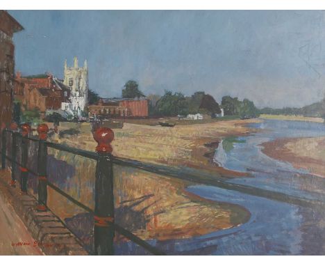 ▴ William Bowyer RA (1926-2015)'Low Tide at Isleworth'signed and dated 'William Bowyer 90' l.l., oil on board51 x 61cmConditi