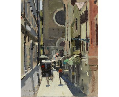 ▴ Ken Howard RA (1932-2022)Calle Larga, Venicesigned 'Ken Howard' l.l., inscribed with title verso, oil on canvas board25.5 x