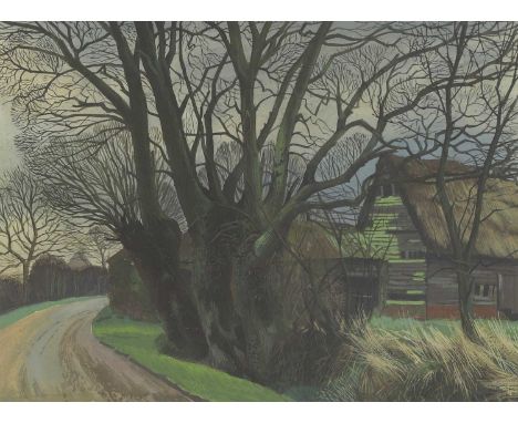 D... W... Fairhall (20th century)'Lane Near Weeley, Essex'inscribed on old label verso, watercolour and gouache25 x 32cmCondi