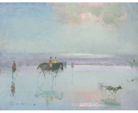▴ Fred Cuming RA (1930-2022)'Riders with Dog', 1995signed 'Cuming' l.l., oil on board20.7 x 25.5cm'Riders with Dog' is painte