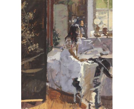 ▴ Ken Howard RA (1932-2022)'Sarah, Silver and Black'signed 'Ken Howard' l.r., oil on canvas61 x 50.5cmExhibited: 'Ken Howard'