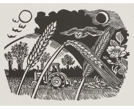 ▴ Sheila Robinson (1925-1988)Ploughing the fieldslinocutimage 15.5 x 12cmThe original block was made in Great Bardfield in th