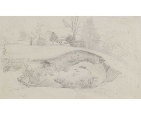 ▴ John Aldridge RA (1905-1983)Study of a pit with trees behindinscribed with a note about colour u.r., 'indigo lightening abo