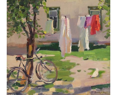 Vasili Makatukha (Ukrainian,1922-2006)Old bicycle against a treesigned in Cyrillic and dated '50' l.r., oil on canvas45 x 49c