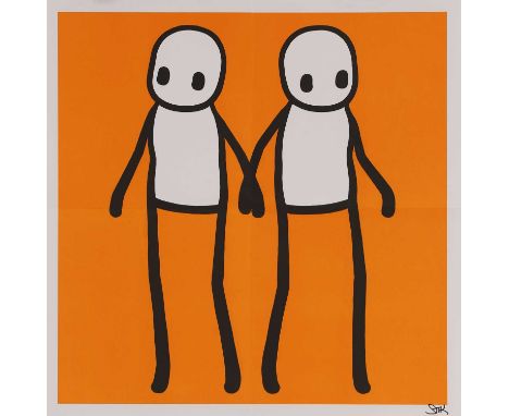 ▴ Stik (b.1979)'Holding Hands', orangeoffset lithograph in colours, 2020, signed 'Stik' in pen l.r.sheet 50 x 50cm, unframedS