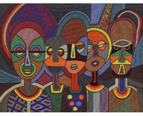 Chief Jimoh Buraimoh (Nigerian, b.1943)Five figuressigned and dated 'buraimoh 05' l.r., beadwork55 x 69.5cmArtist Georgina Be