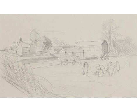 ▴ John Aldridge (1905-1983)Farmworkers in the fields, a farmhouse behindpencil16.5 x 27cmProvenance: A Fry Art Gallery label 