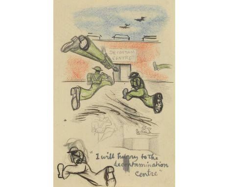 ▴ John Aldridge RA (1905-1983)'I Will Hurry to the Decontamination Centre'inscribed with title l.c., pencil, pen and ink, and