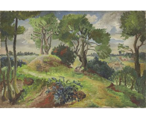 Benton End School (20th century)Trees in nature; verso, a vase in a windowoil on canvas50.5 x 76.5cm, unframedCondition Repor