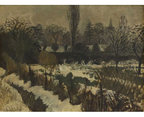 ▴ John Aldridge RA (1905-1983)A garden in winter, with a view of Great Bardfield Churchsigned with initials and dated '14 Feb