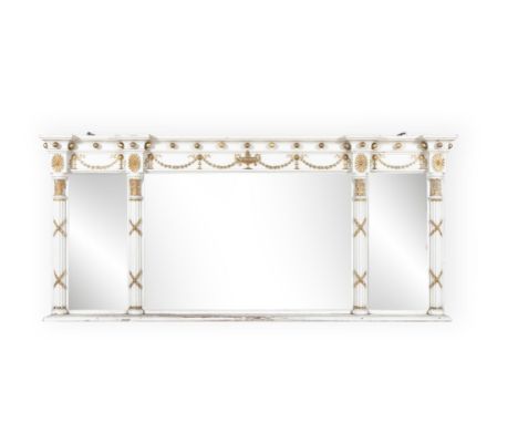 A FRENCH CREAM AND PARCEL GILT COMPARTMENTED OVERMANTLE MIRROR,with three bevelled glass plates separated by fluted columns a