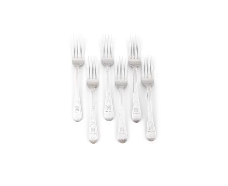 A SET OF SIX GEORGE IV IRISH SILVER FORKS,Dublin c. 1835, maker's mark of James R Neill, the handles decorated with shield co