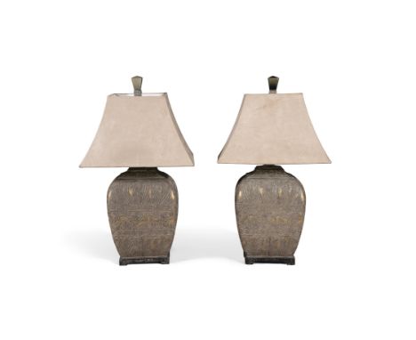 A PAIR OF CONTEMPORARY TABLE LAMPS, of bulbous tapered form, the body with wirework bands of decoration of foliage and lions.