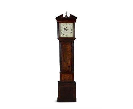 A LATE 19TH CENTURY INLAID LONGCASE CLOCK, SIGNED BUCHANANthe head with broken swan neck cornice and central brass urn, above