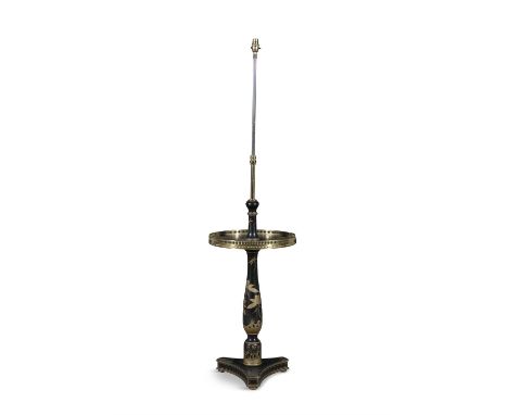 A BLACK AND GILT CHINOISERIE DECORATED STANDARD LAMP,with brass tubular stem, over a circular platform tier, with pierced bra