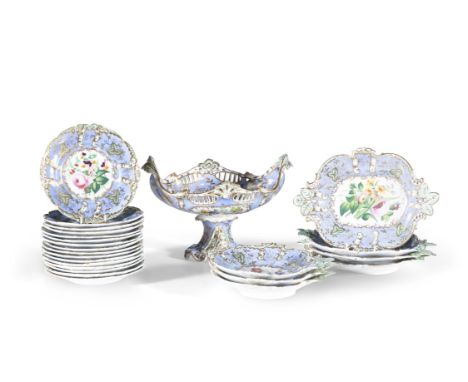 AN ENGLISH CHINA DESSERT SERVICE, decorated with floral reserves within pale blue and gilt borders, comprising: - A tazza  - 