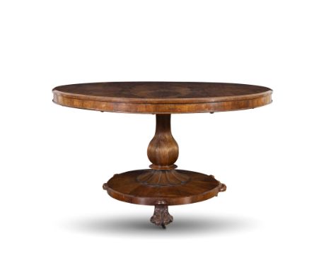 A FINE WILLIAM IV ROSEWOOD TILT-TOP BREAKFAST TABLE of circular form, supported on panelled centre column and circular base w