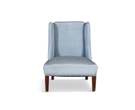 A MAHOGANY FRAMED EASY CHAIR,upholstered in light blue fabric