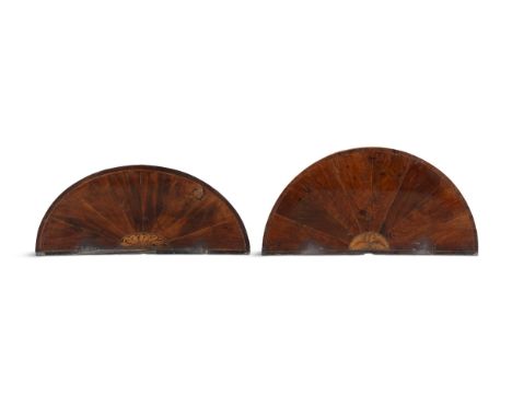 A PAIR OF IRISH INLAID MAHOGANY DEMI LUNE TABLE TOPS, C.1790with radial veneers and central shell paterae 102cm wide; 43cm de