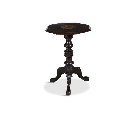 A VICTORIAN INLAID MAHOGANY OCTAGONAL OCCASSIONAL TABLE on turned centre pillar and foliate carved tripod base. 60cm high, 47