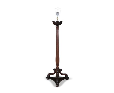 A MAHOGANY REEDED COLUMN STANDARD LAMP, on tripod base. 146cm high(E)ELECTRICAL GOOD IN NEED OF REWIRING ARE INDICATED BY THE