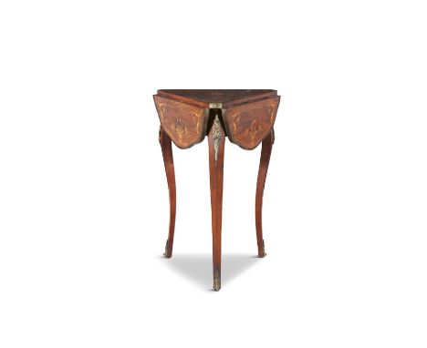 A LOUIS QUINZE STYLE KINGWOOD AND MARQUETRY THREE DROP LEAF OCCASIONAL TABLE,with floral marquetry decoration and applied bra